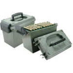 MTM Shot Shell Dry Box Wild Camo, green storage boxes shown open with trays and shells