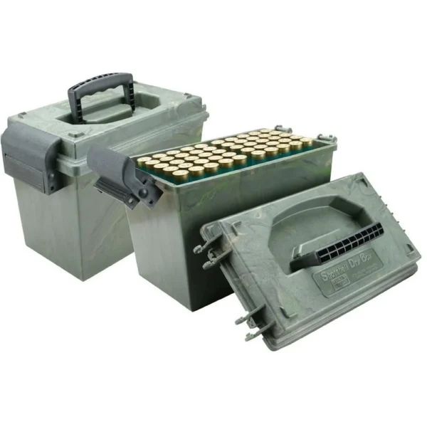 MTM Shot Shell Dry Box Wild Camo, green storage boxes shown open with trays and shells