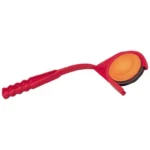 MTM EZ-Thrower II Clay Target Thrower, red side view holding an orange clay target