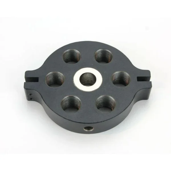 Lyman T-Mag II Extra Turret, dark grey top view with six die holes and white center ring