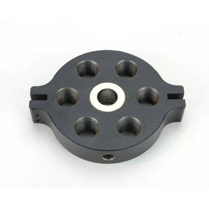 primary-21682 Lyman T-Mag II Extra Turret, dark grey top view with six die holes and white center ring