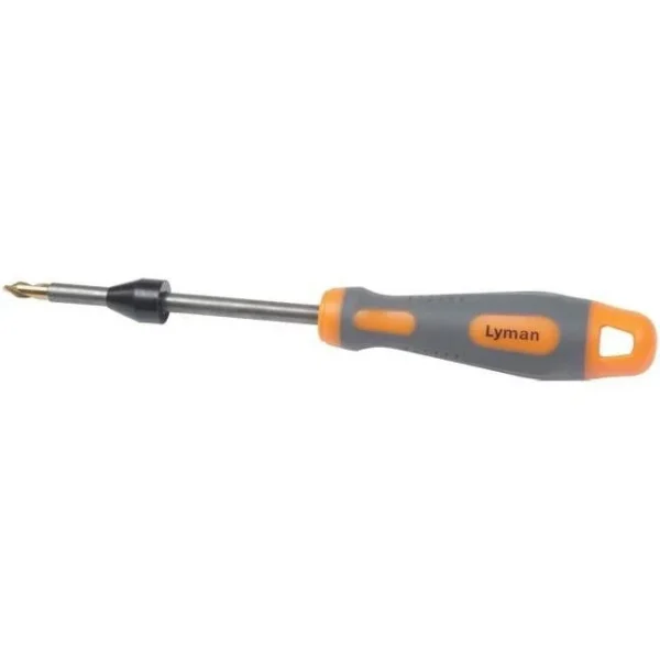 Lyman Flash Hole Uniformer, side view with orange and gray handle and pointed metal shaft