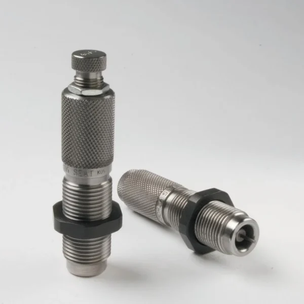 Lyman Precision Rifle 2-Die Set 300 AAC Blackout, two silver dies, one upright and one angled