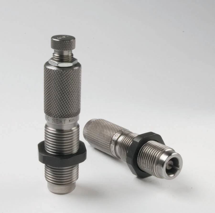 primary-21689 Lyman Precision Rifle 2-Die Set 300 AAC Blackout, two silver dies, one upright and one angled