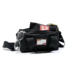 Lyman Small Range Bag Black, front view with shoulder strap, pockets and safety glasses