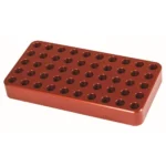 Lyman Anodized Aluminum Loading Block, red top view with rows of round cartridge holes