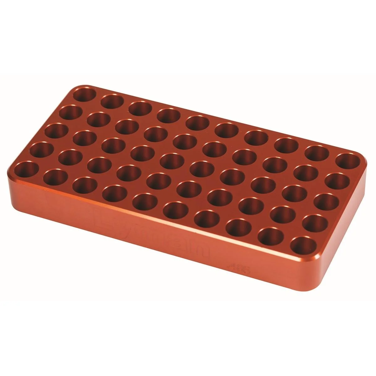 primary-21704 Lyman Anodized Aluminum Loading Block orange rectangular block with rows of round holes