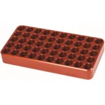 Lyman Anodized Aluminum Loading Block, orange angled top view with rows of circular holes