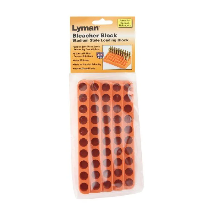 primary-21715 Lyman Bleacher Loading Block, orange 50-hole tray in clear retail packaging, front view