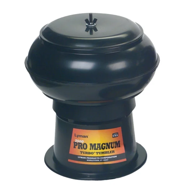 Lyman 2500 Pro-Magnum Tumbler, front view in dark green with rounded bowl, lid and orange label