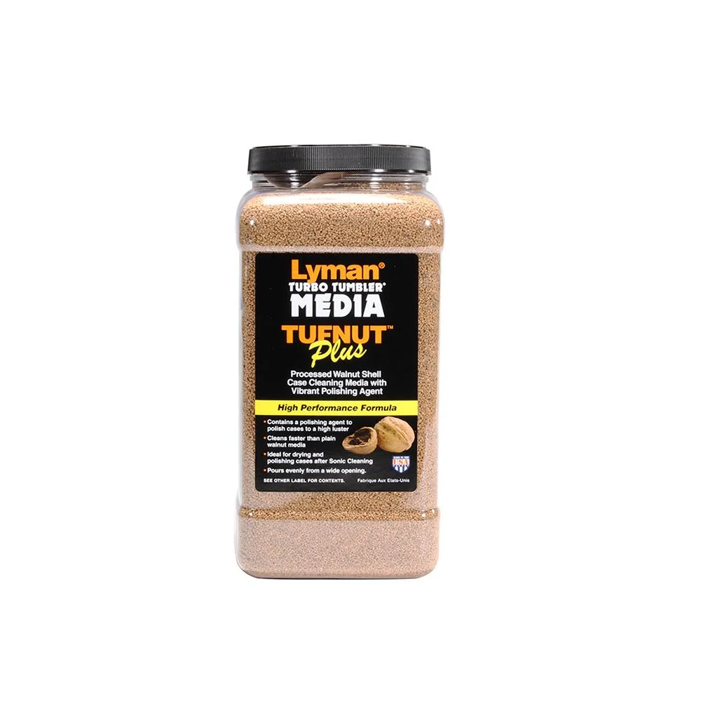primary-21726 Lyman Turbo Tufnut Media, tan media in a clear rectangular container with black cap