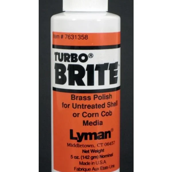 Lyman Turbo Brite Brass Polish, front view of white bottle with orange and black label