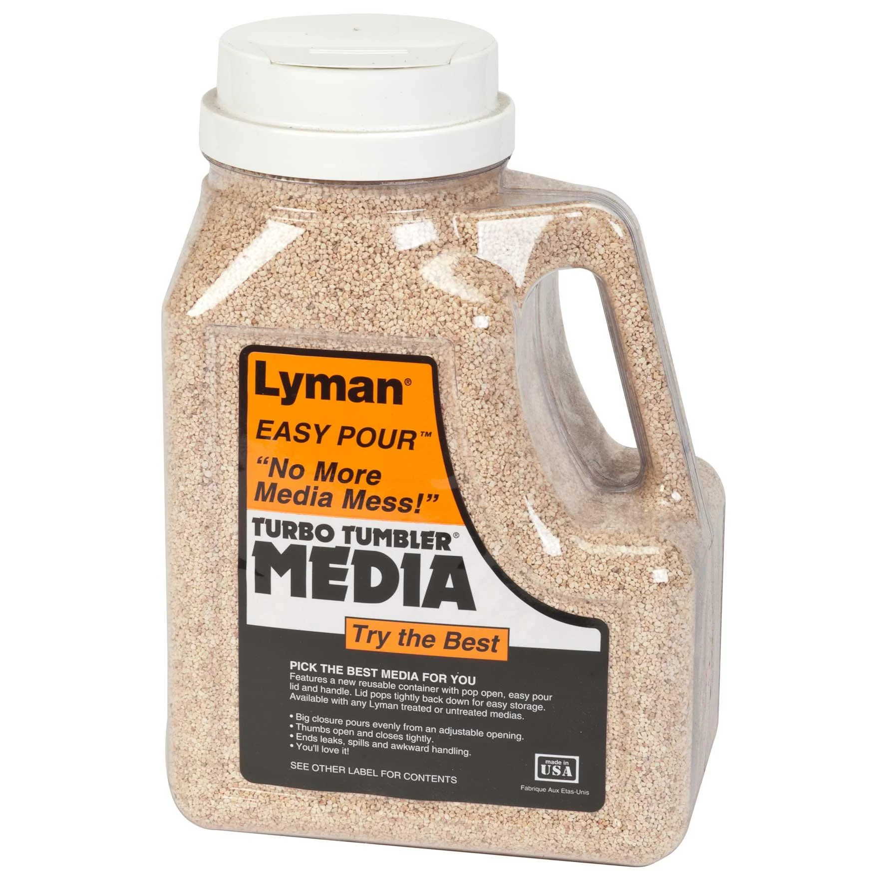 primary-21729 Lyman Turbo Case Cleaning Media in a clear handled easy-pour container with white cap