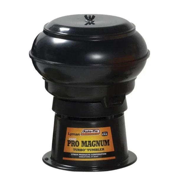 Lyman 2500 Pro-Magnum Auto-Flo Tumbler, front view of black bowl and base with orange label