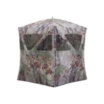 Barronett Blinds Radar Ground Blind in Bloodtrail Backwoods camo, front corner view with windows