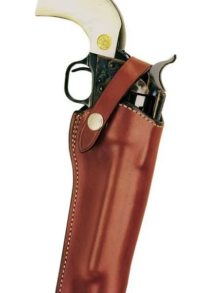 Bianchi Model 1L Lawman, tan leather holster front view holding a revolver