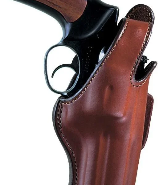 Bianchi Model 5BHL Thumbsnap, tan leather right-hand holster holding a handgun
