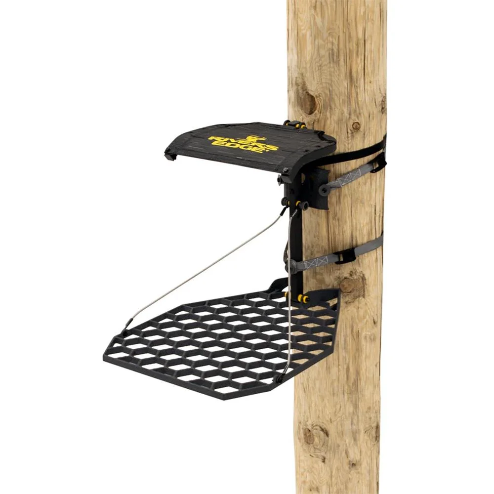 primary-21751 Ardisam Rivers Edge Duralite Hang On Treestand, black platform and seat strapped to a tree