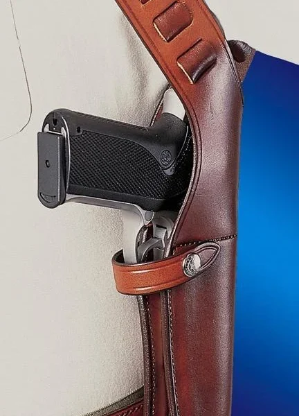 Bianchi Model X15 Shoulder Holster brown right-side view worn with handgun grip and shoulder strap visible