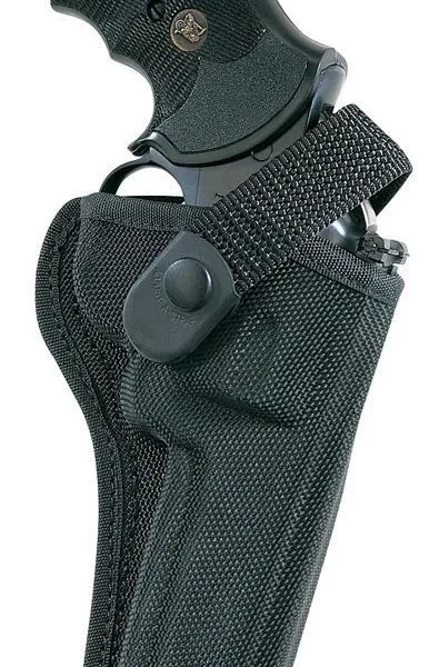 Bianchi Model 7000 AccuMold Sporting Holster black front view with retention strap and handgun grip