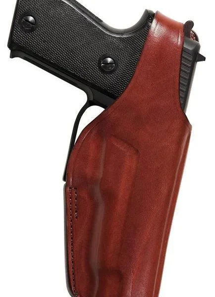 Bianchi Model 19L Thumbsnap holster, right-side view in plain tan leather holding a handgun