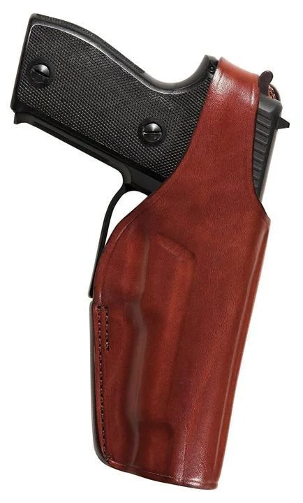 primary-21770 Bianchi Model 19L Thumbsnap holster, right-side view in plain tan leather holding a handgun