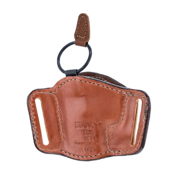 Bianchi 105 Minimalist Belt Slide Holster, tan rear view with stitching, belt slots and retention loop