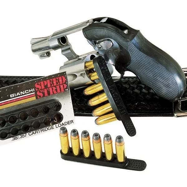 Bianchi Model 585 Speed Strips black strips shown with cartridges, package, belt and revolver