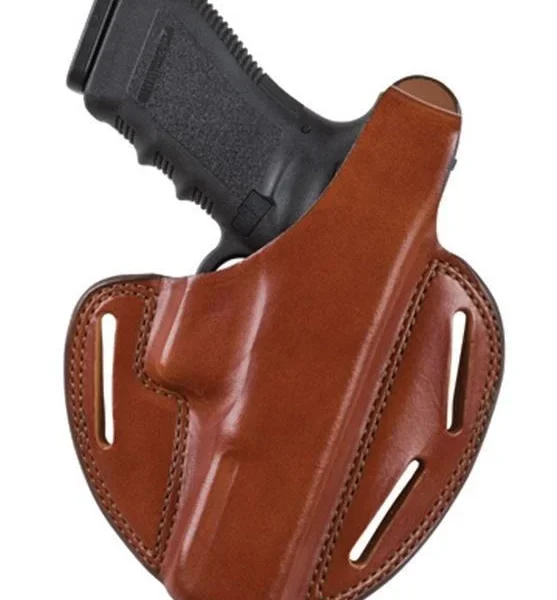 Bianchi Model 7 Shadow II tan leather holster, front view with belt slots and visible handgun grip