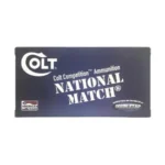 Double Tap Colt National Match Handgun Ammunition, front view of blue and white box