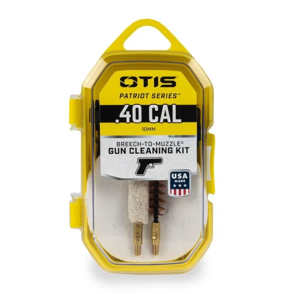 Otis .40 Cal Patriot Series Pistol Cleaning Kit, front view in yellow clear plastic case