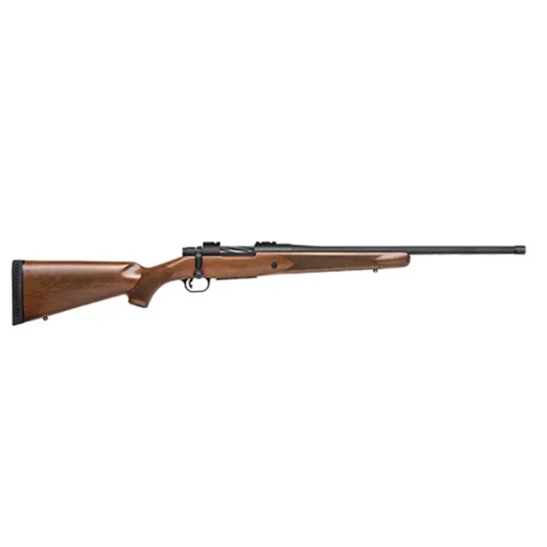 Mossberg MSBRG PATRIOT, right side view with brown wood stock, black barrel and bolt action