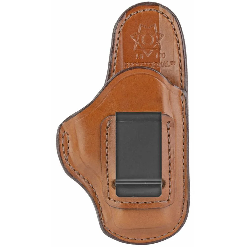 primary-21817 Bianchi #100 Professional IWB tan leather holster, rear view with black belt clip