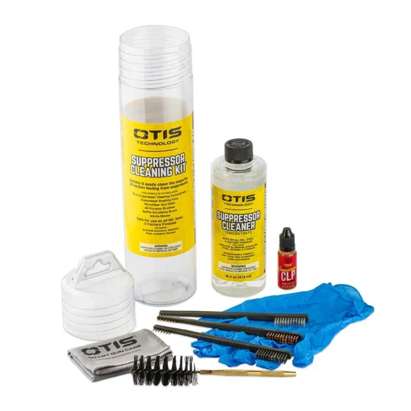Otis Suppressor Cleaning Kit, cleaner bottles, brushes, patches, tools and blue gloves laid out
