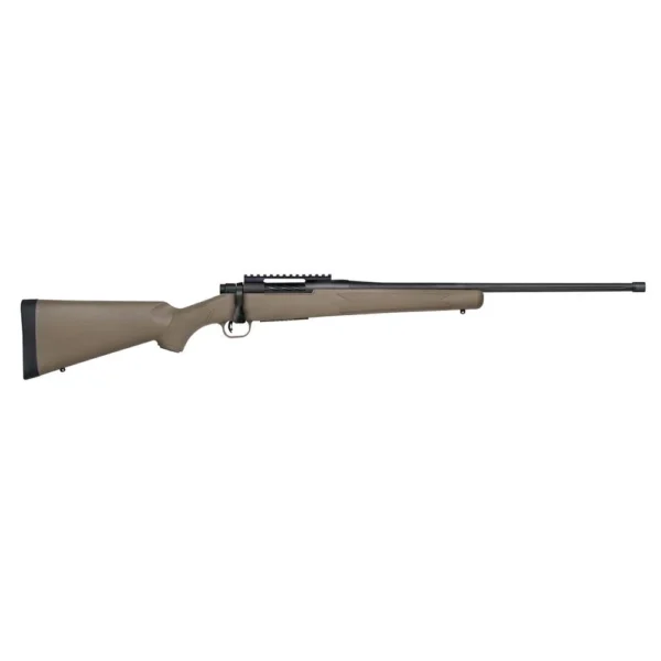 Mossberg Patriot Predator Rifle, right-side view with FDE stock, black receiver and long barrel