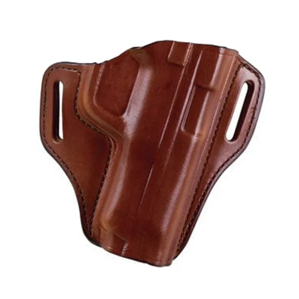 Bianchi Remedy belt holster, tan right-hand front view with stitched leather and dual belt slots