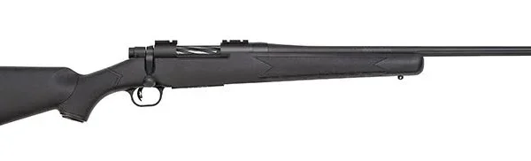 Mossberg Patriot, right-side view with matte black stock, scope mounts and fluted barrel