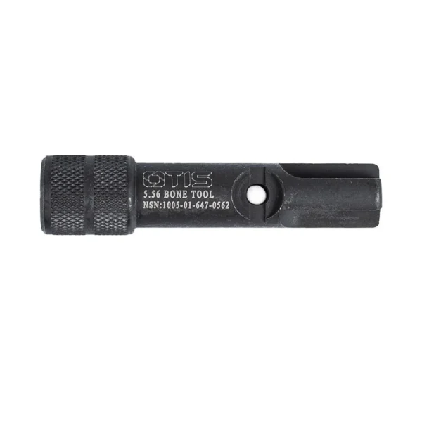 Otis B.O.N.E. Tool 5.56, black metal cleaning tool in side view with knurled end