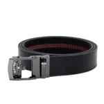 Bianchi EDC Nexbelt, coiled black belt with dark buckle and red inner stitching