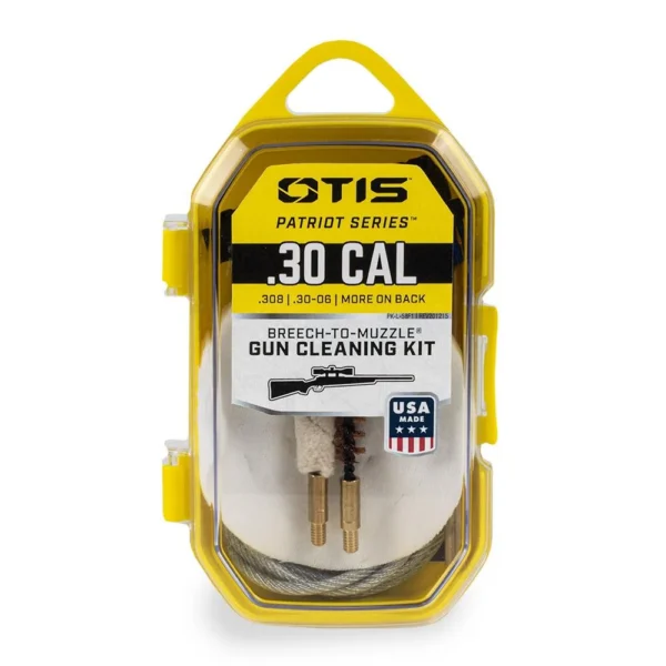 Otis .30 Cal Patriot Series Rifle Cleaning Kit, front view in clear yellow-edged case