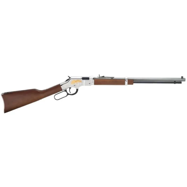 HENRY H4 GOLDEN EAGLE rifle, side view with brown stock, silver receiver and barrel