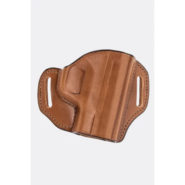 BIANCHI #57 REM tan leather OWB holster, front view with belt slots and molded contours