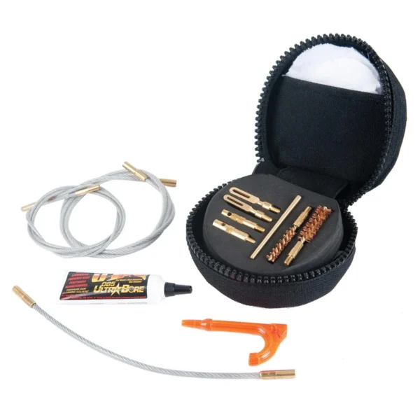 Otis All Caliber Rifle Cleaning System in open black case with cables, brushes and cleaning tools
