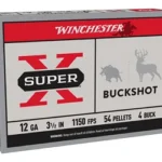 Winchester WIN SUPER-X, front and side of red, white and black buckshot ammunition box