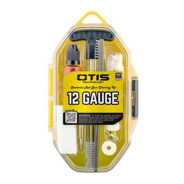 OTIS 12GA Shotgun Rod Cleaning Kit, yellow case with cleaning tools visible through clear front