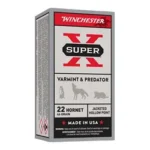 Winchester Super-X Rifle Ammunition, front and side view of white, red and black box