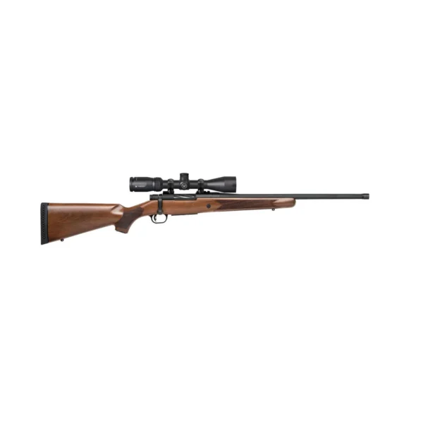 Mossberg Patriot Walnut Vortex rifle, right-side view with walnut stock, black scope and long barrel