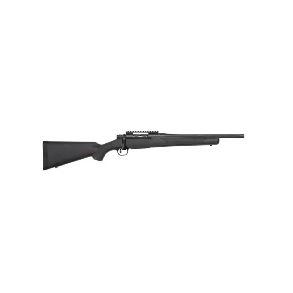 Mossberg Patriot Carbine black rifle, right-side view with synthetic stock and bolt action