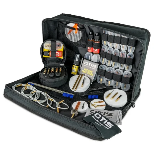 Otis Elite Cleaning System, open black case filled with cleaning tools, bottles and patches