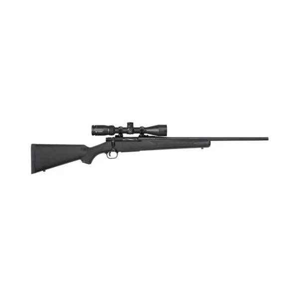 Mossberg Patriot Synthetic-Vortex Scoped Rifle right-side view with black stock and mounted scope